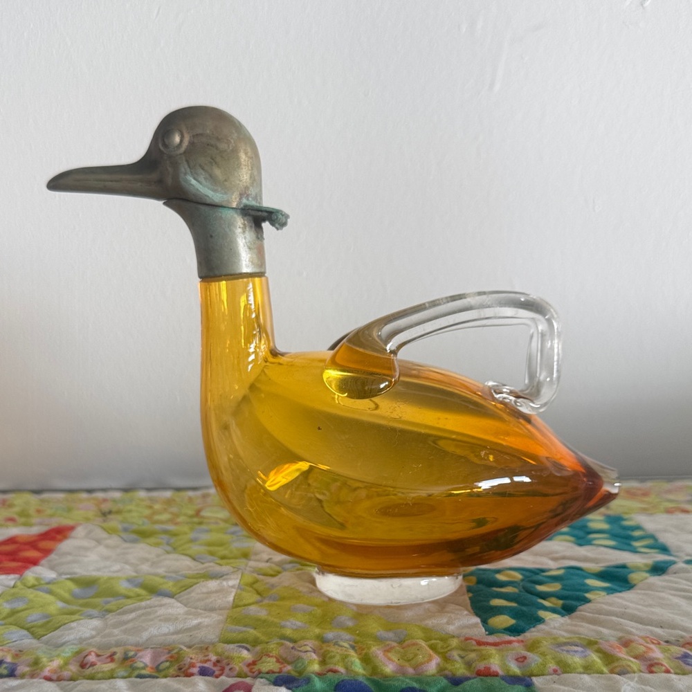 VINTAGE Amber Glass Duck Figurine with Brass Accents Karl Palda, MCM Home Decor